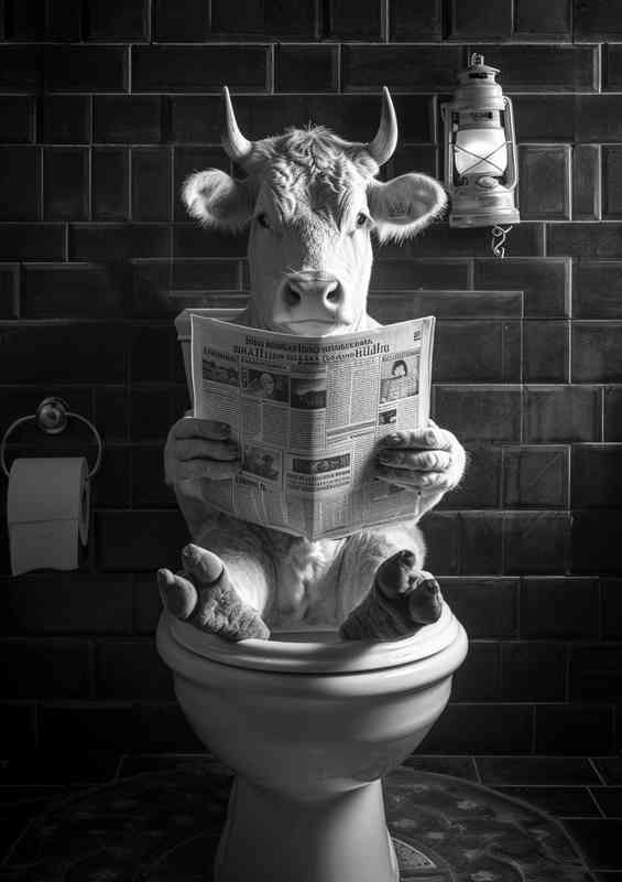 A Cow seated on a toilet with a newspape