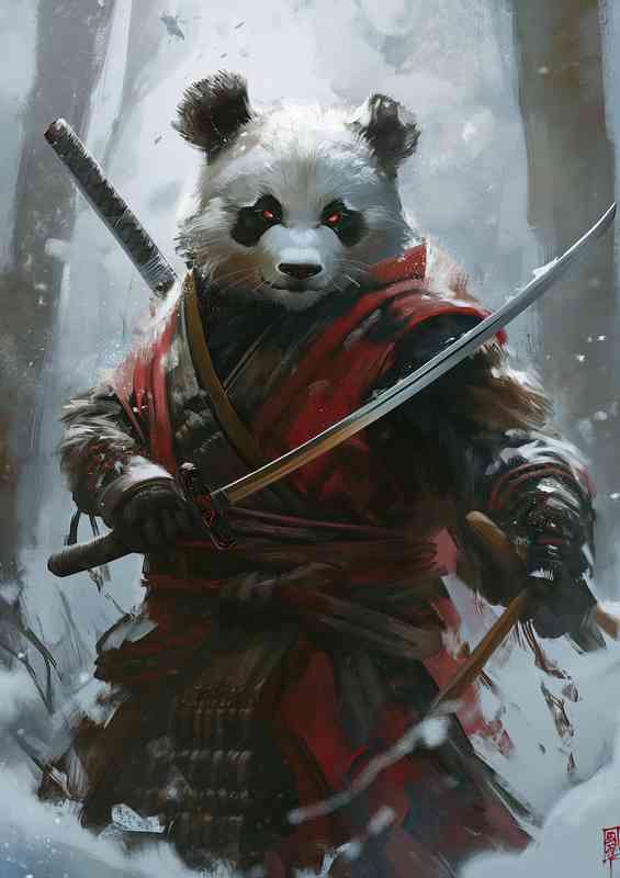 Asian panda bear holds two swords