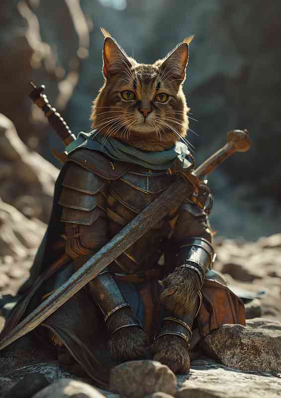 Cat in amour with two swords