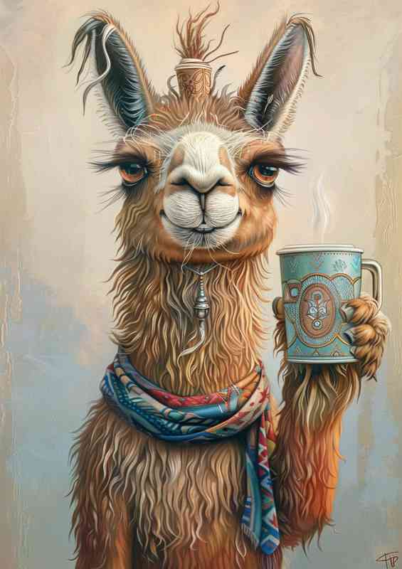 Cute Llama enjoys a cup of coffee