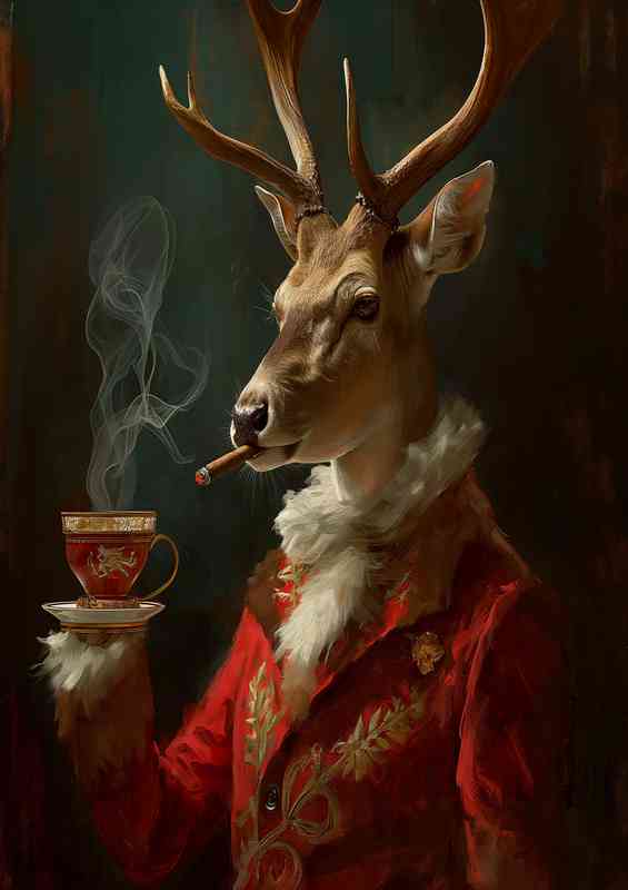 Deer smoking and haviung a coffee