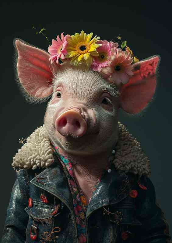 Little Pig wearing a flowered head set