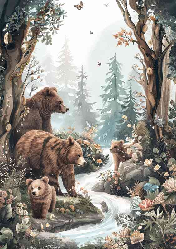 A Family of Bears by the stream | Metal Poster