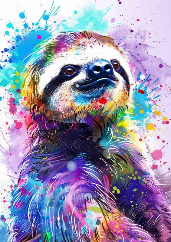A cute sloth with colorful paint splashes