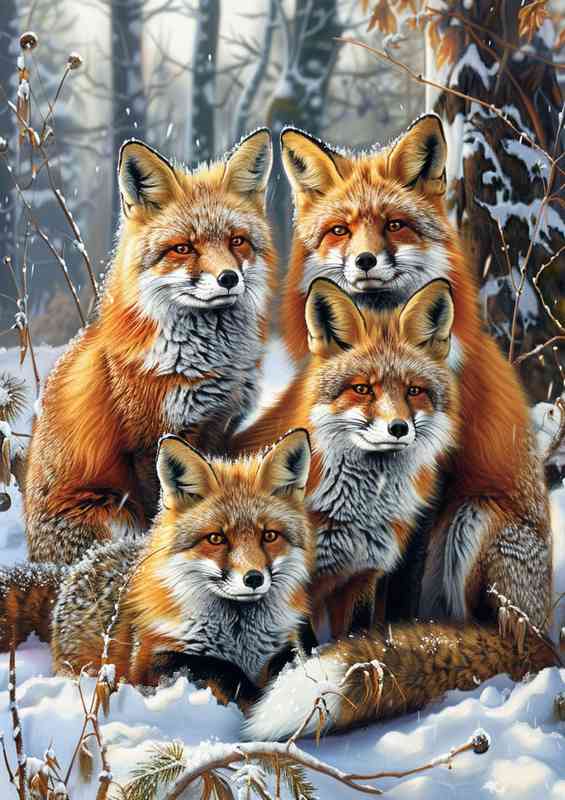 A family of red Foxes in the snow