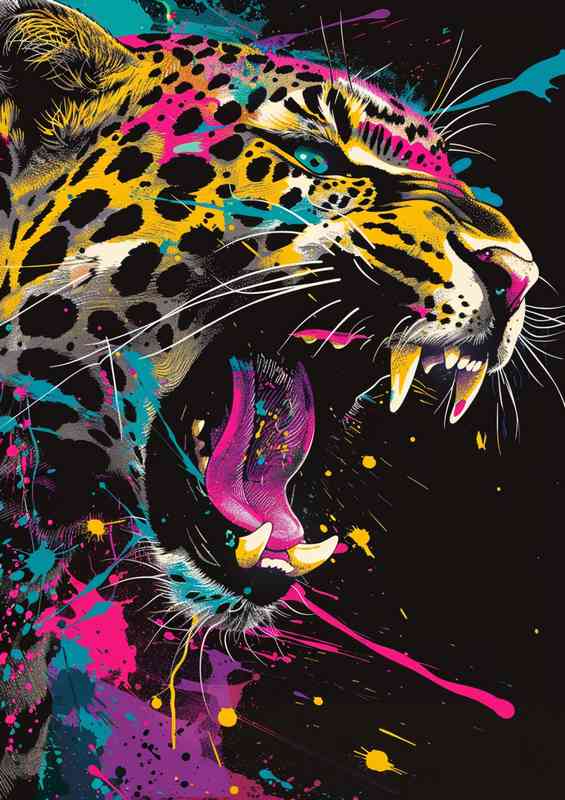 A vibrant leopard with paint splashes