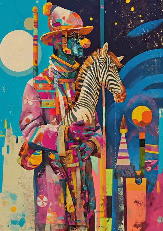 Abstract man holding his pet zebra
