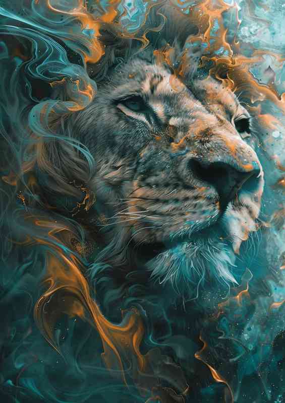 Art of a lion blue orange smoke