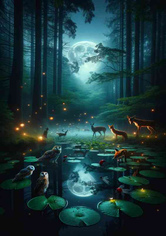 Atmosphere of a midnight gathering at a forest pond