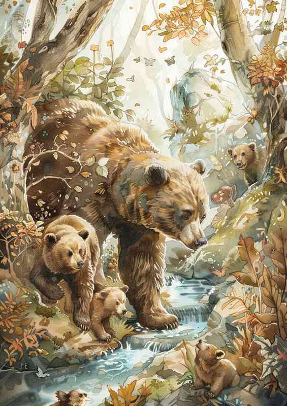 Bears and cubs in the forest