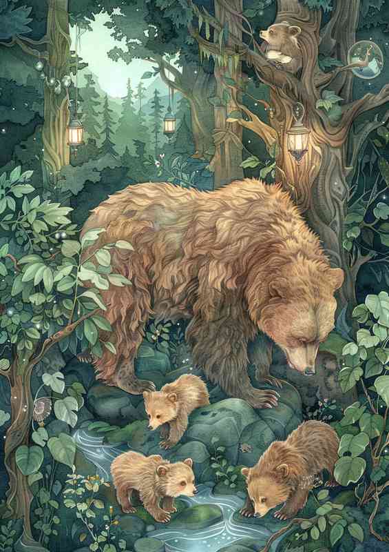 Bears and the cubs by the stream