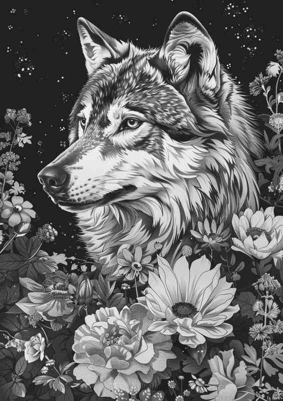 Black and white wolf with flowers