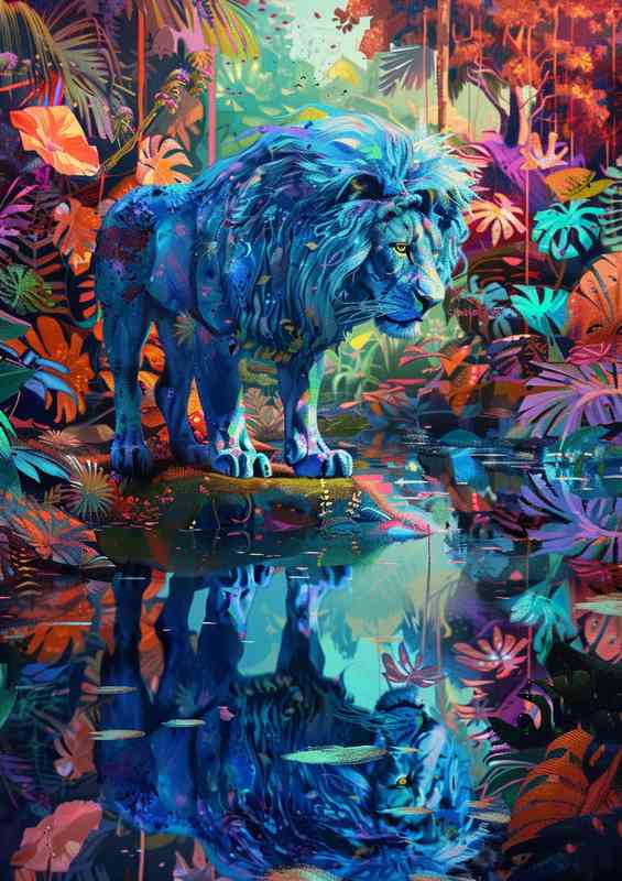 Blue lion standing in the water
