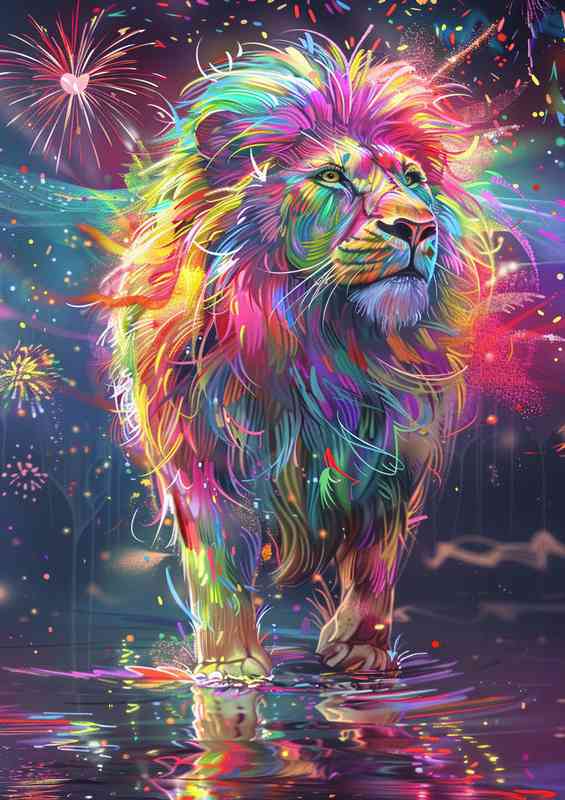 Bright colourful Lion standing in water