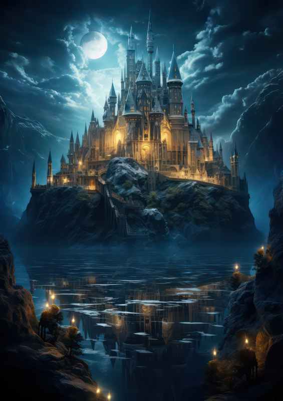 Harry potter castle style standing in a lake