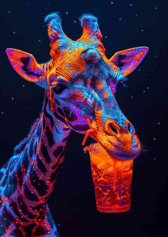 Bright giraffe drinking a colorful soda drink