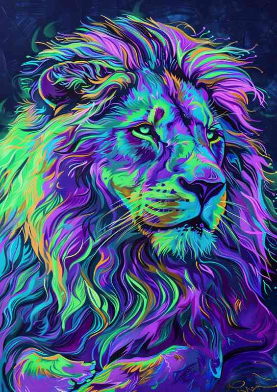 Colorful lion in purple and green
