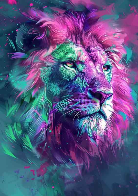 Colorful lion in purple and green with white fur