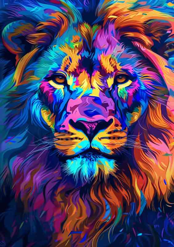 Colorful painting of an imposing lion