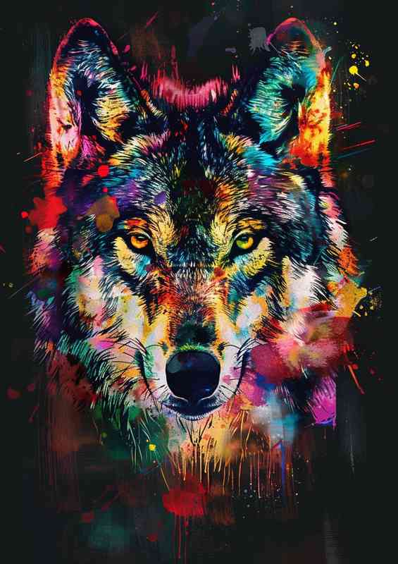 Colorful wolf face with paint splashes on black