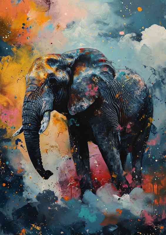 Colourful elephant walking in the cloud dust