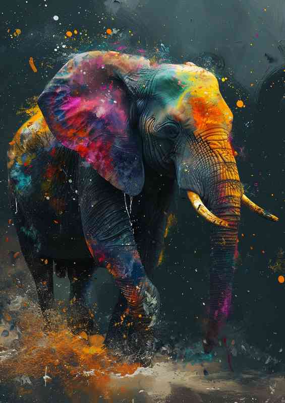 Colourful splash elephant running free