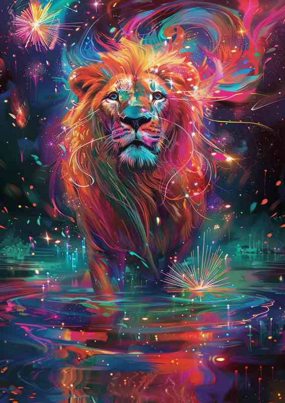 Colourful water a lion standing