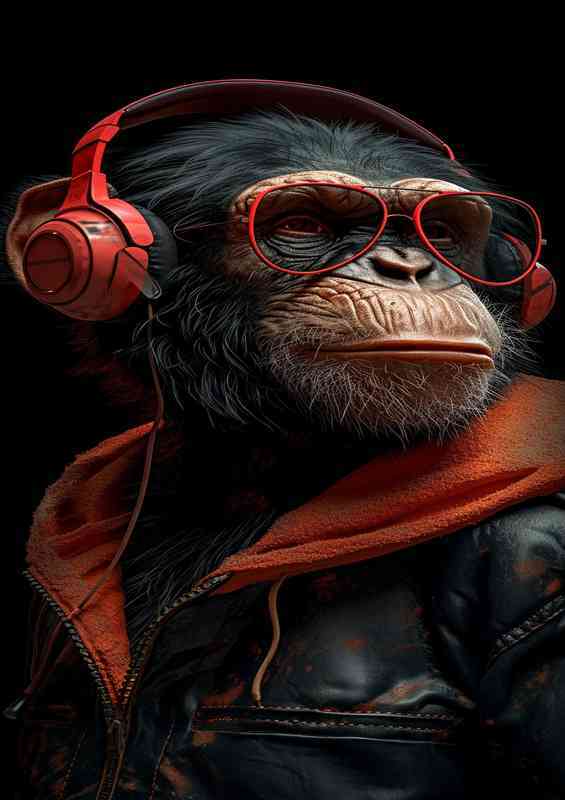 Cool monkey listening to headphones
