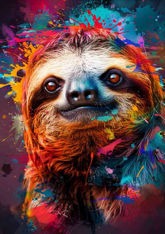 Cute sloth with colorful paint splashes
