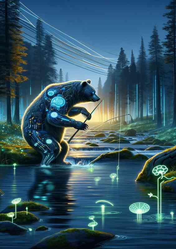 Cybernetic bear fishing in a river a futuristic wilderness