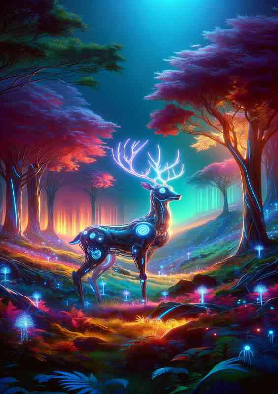 Cybernetic deer standing in a vivid futuristic forest