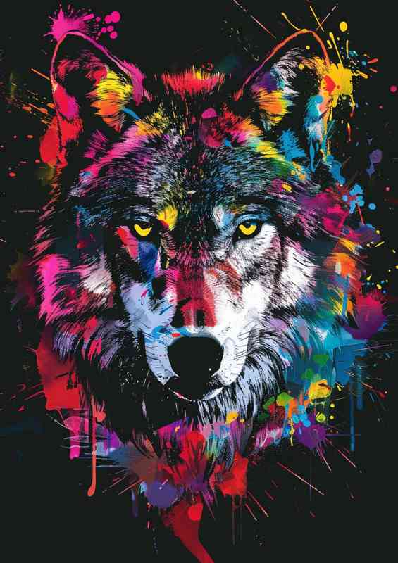Dark wolfs face with colour paint splashes