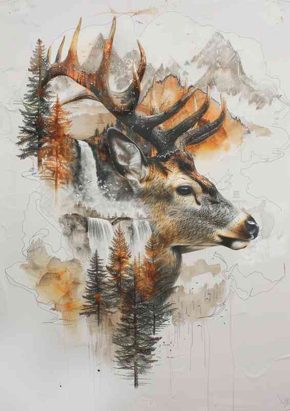 Deer head with antlers and mountains