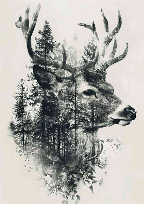 Deer head with foliage and trees