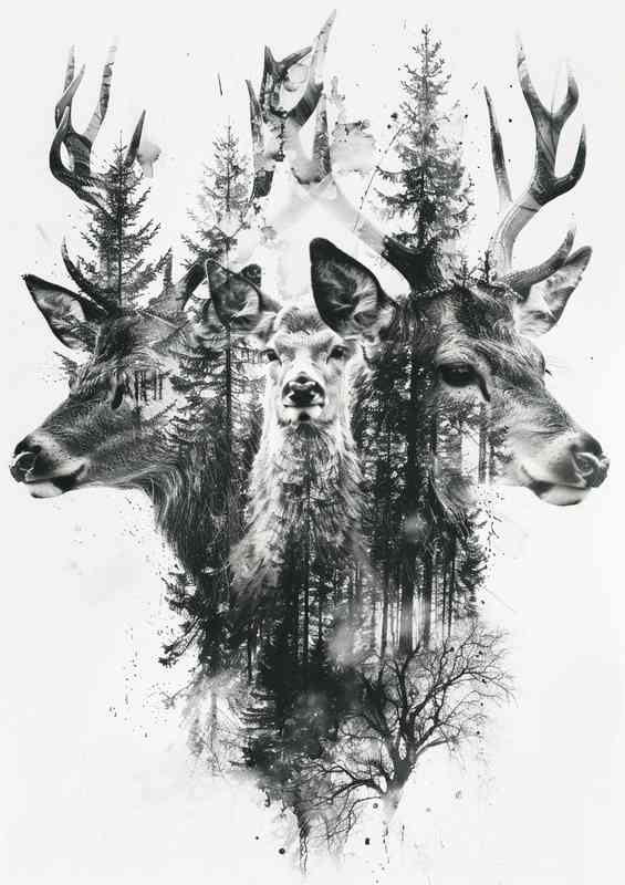 Double Deer head surrounded by trees