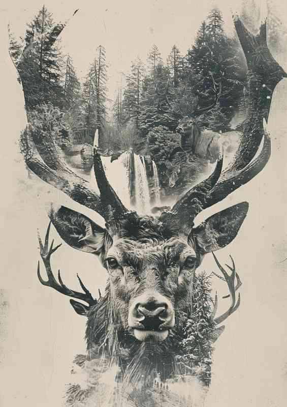 Double exposure Deer head in the wilderness