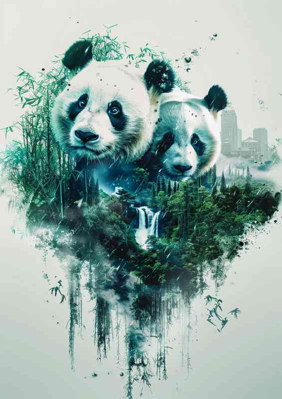 Double exposure of two pandas in the jungle with bamboo