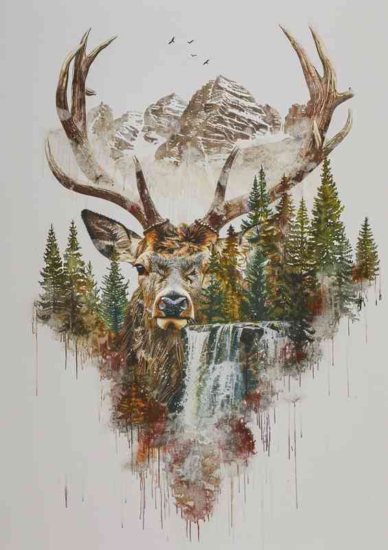 Double exposure with a Deer head and waterfall