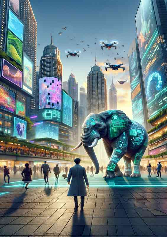 Elephant walking through a bustling future city plaza