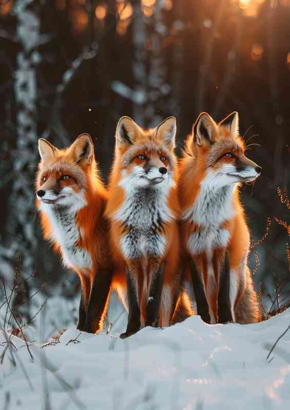 Foxes in the snow sitting