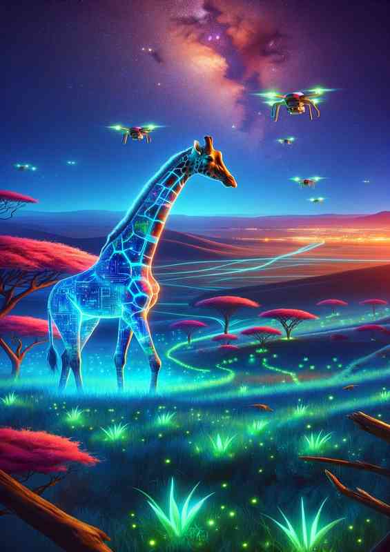 Futuristic giraffe with a transparent illuminated neck