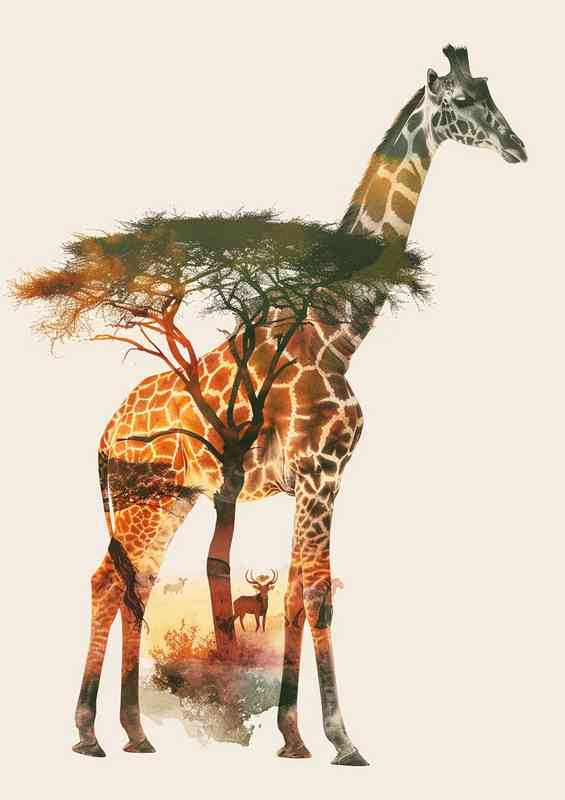 Giraffe and trees in double exposure