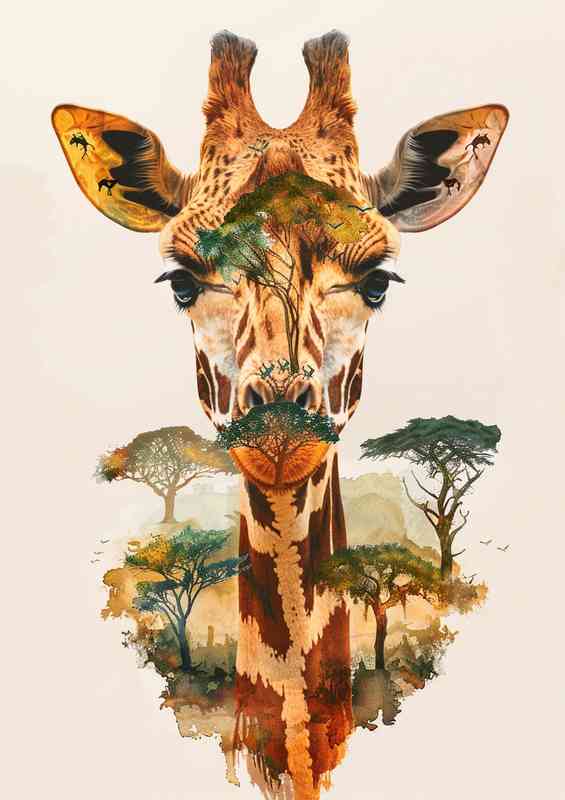 Giraffe head in the trees double exposure