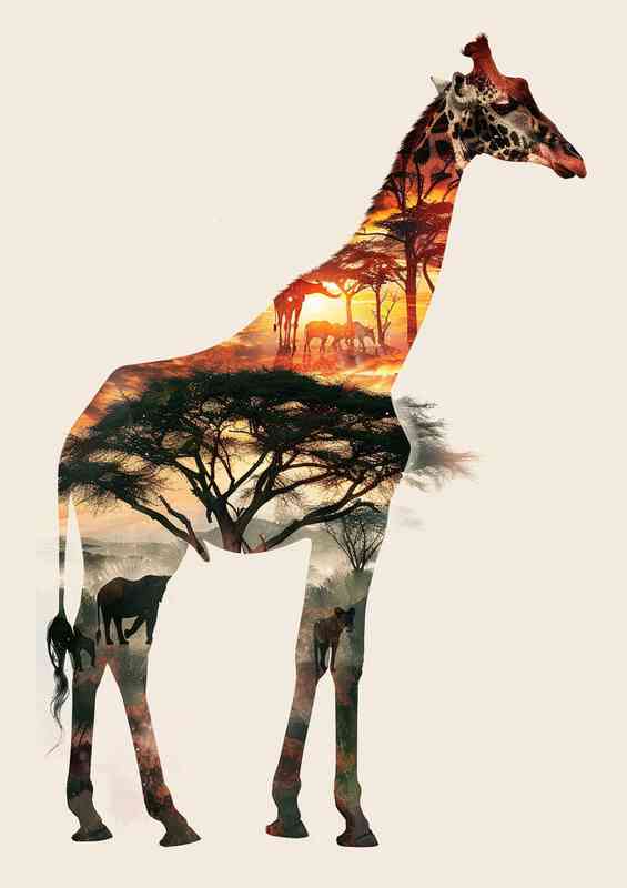 Giraffe in double exposure with trees
