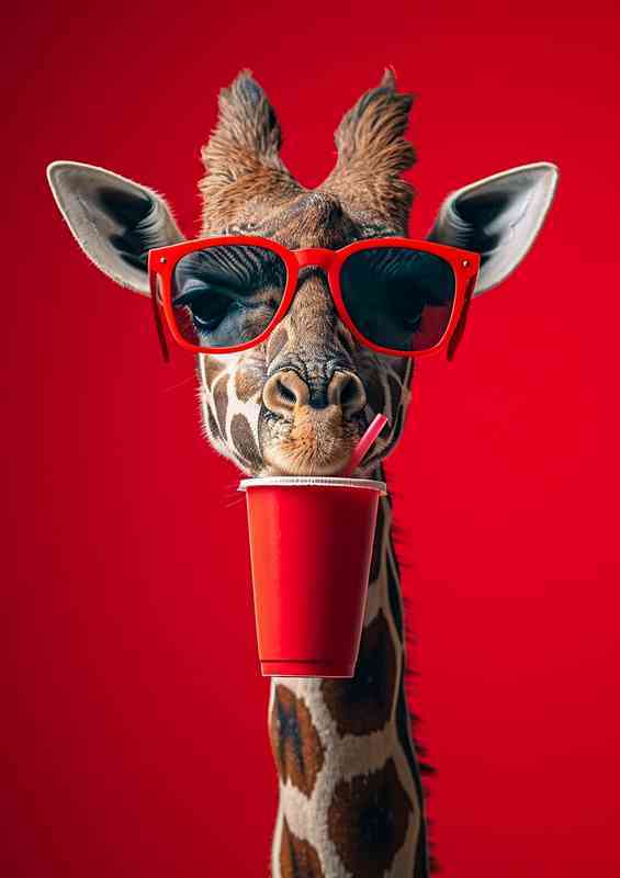 Giraffe on a red background drinking