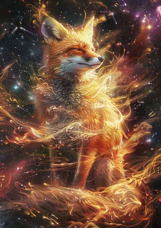 Golden Fox made of swirling cosmic energy