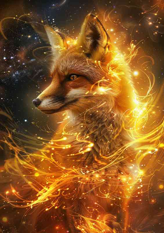 Golden Fox made of swirling cosmic energy stars