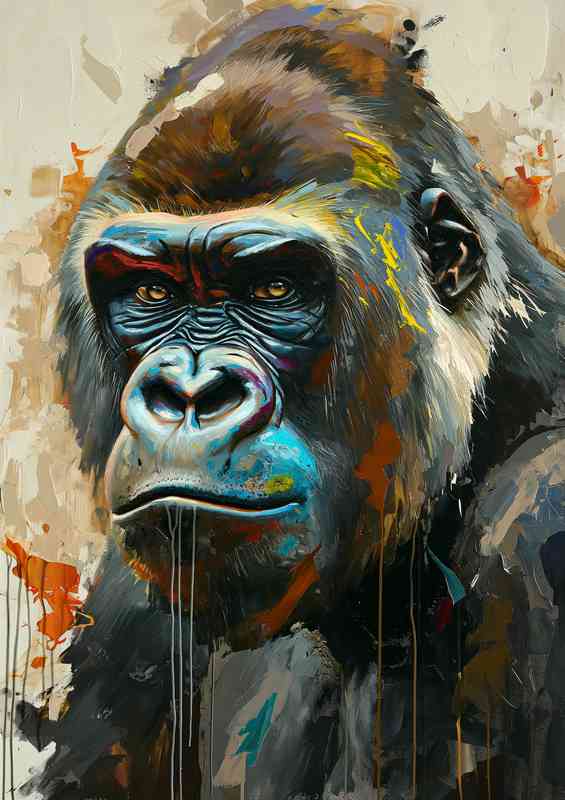 Gorilla painting with colorful paint dripping