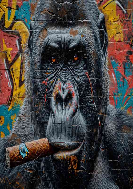 Gorilla smoking a cigar overlaid graffiti