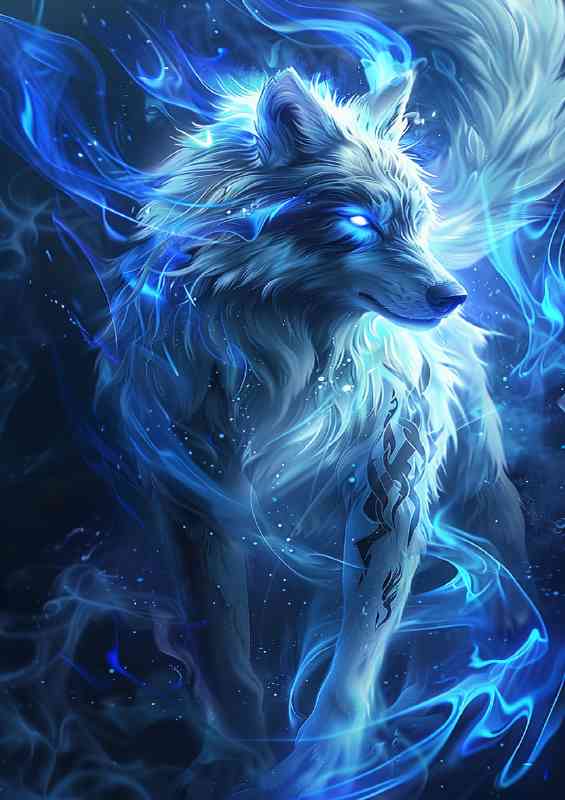 Ice Wolf white glowing eyes blue and silver fur